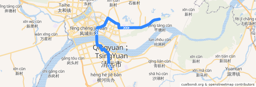 Mapa del recorrido 清远123A路公交（市人医(西)→大学城） de la línea  en ناحیه کینگچنگ.