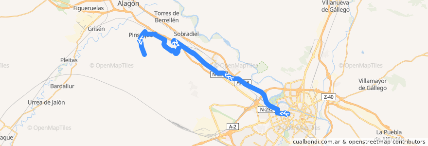 Mapa del recorrido Bus 611: Zaragoza => Pinseque de la línea  en Zaragoza.