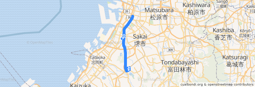 Mapa del recorrido 308: 光明池駅-堺東駅前 de la línea  en Осака.