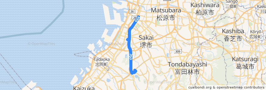 Mapa del recorrido 308: 堺東駅前-光明池駅 de la línea  en Осака.