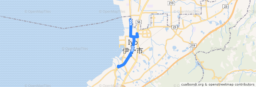 Mapa del recorrido 伊予市コミュニティバス 「あいくる」 平岡・新川線 (ファミリーマート下吾川店 - 保健センター) de la línea  en 伊予市.
