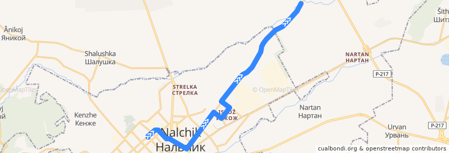 Mapa del recorrido Автобус 8: Университет → Сады de la línea  en Nalchik Municipality.
