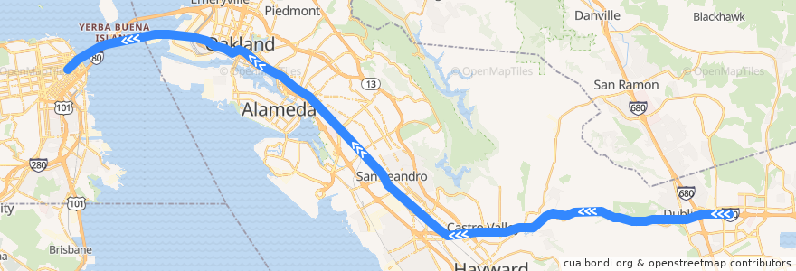 Mapa del recorrido BART Blue Line: Dublin/Pleasanton => Montgomery Street (Sundays) de la línea  en Alameda County.