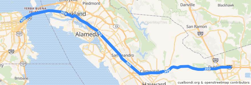 Mapa del recorrido BART Blue Line: Montgomery Street => Dublin/Pleasanton (Sundays) de la línea  en Alameda County.