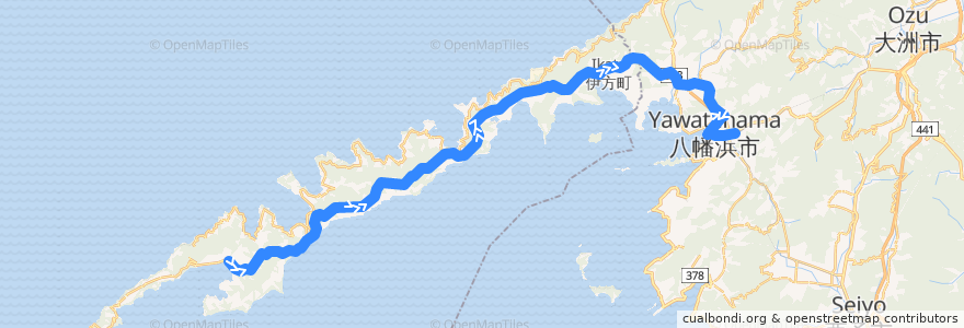 Mapa del recorrido 三崎線 (三崎港口 - 八幡浜駅前) de la línea  en Préfecture d'Ehime.