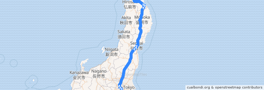 Mapa del recorrido 東北新幹線（下り） de la línea  en Japan.