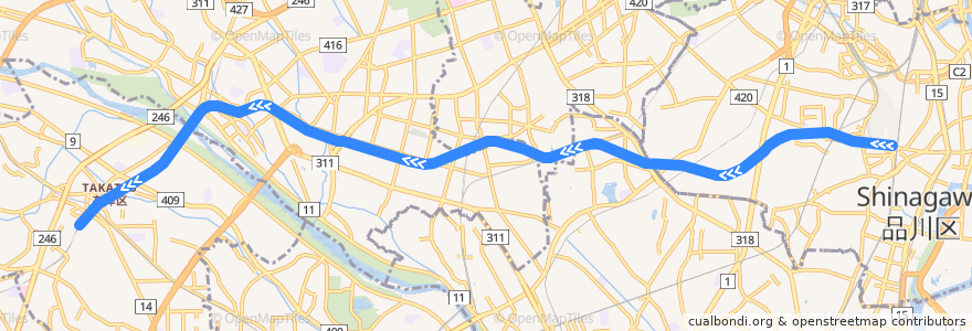 Mapa del recorrido Tokyu Oimachi Line (Oimachi -> Mizonokuchi) de la línea  en 도쿄도.