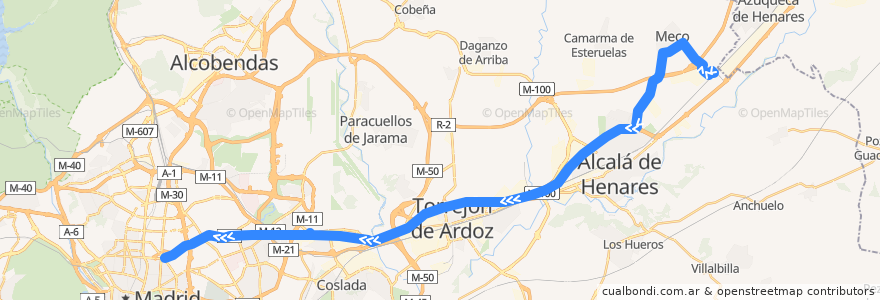 Mapa del recorrido Bus 222: Meco → Madrid (Avenida de América) de la línea  en マドリード州.
