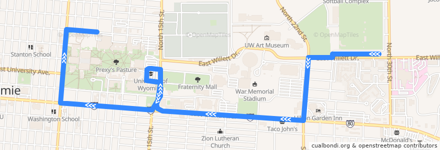Mapa del recorrido Campus Commuter: West de la línea  en Laramie.