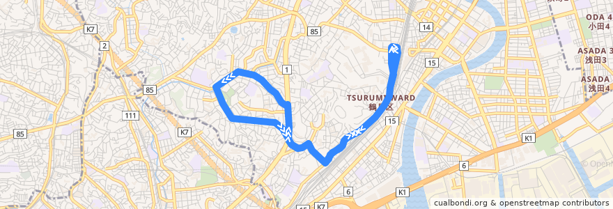 Mapa del recorrido 38系統 鶴見駅西口→荒立循環→鶴見駅西口 de la línea  en Цуруми.