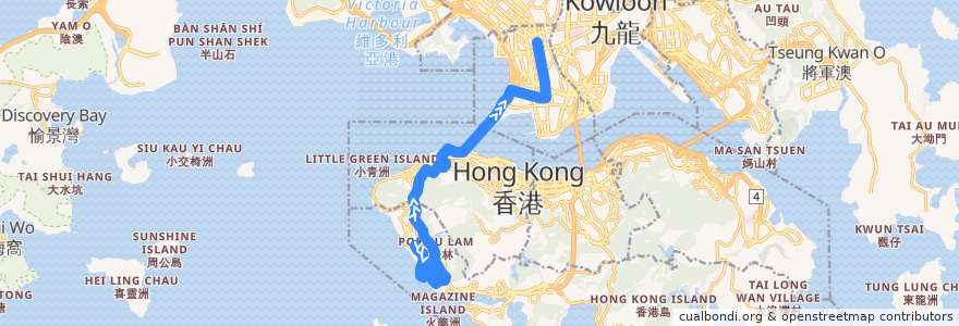 Mapa del recorrido 過海隧巴970線 Cross-harbour Bus 970 (數碼港 Cyberport → 旺角 Mong Kok) de la línea  en 香港 Hong Kong.