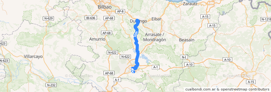 Mapa del recorrido A18 Universidad → Vitoria-Gasteiz → Boulevard → Durana → Durango de la línea  en Euskadi.