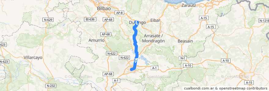 Mapa del recorrido A18 Durango → Urbina → Vitoria-Gasteiz de la línea  en Euskadi.