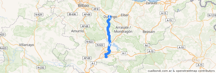 Mapa del recorrido A18 Durango → Goiain → Urbina → Durana → Vitoria-Gasteiz → Universidad de la línea  en Euskadi.