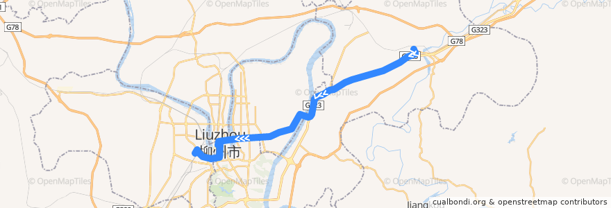 Mapa del recorrido 快1号线(西行) de la línea  en Liuzhou City.