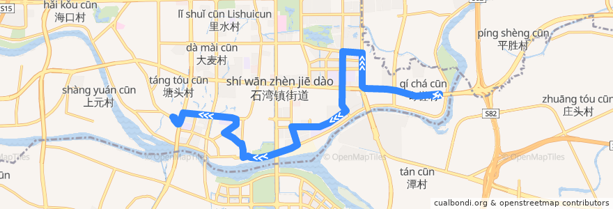 Mapa del recorrido 185A路(奇槎公交枢纽站-佛山家博城总站) de la línea  en Shiwanzhen Subdistrict.