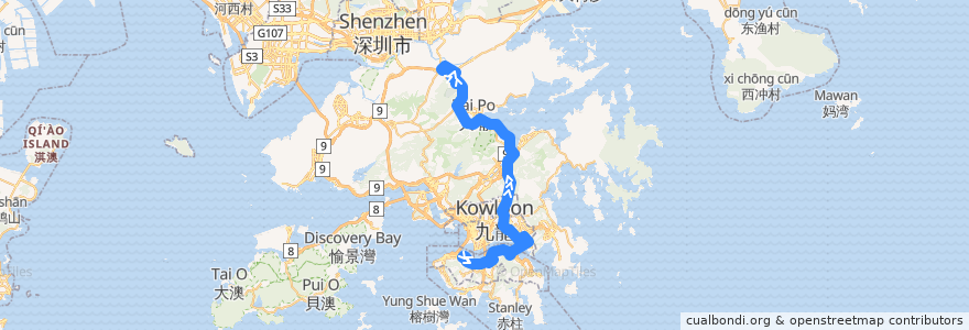 Mapa del recorrido 過海隧巴673線 Cross-harbour Bus 673 (中環（香港站） Central (Hong Kong Station) → 上水 Sheung Shui) de la línea  en 香港 Hong Kong.