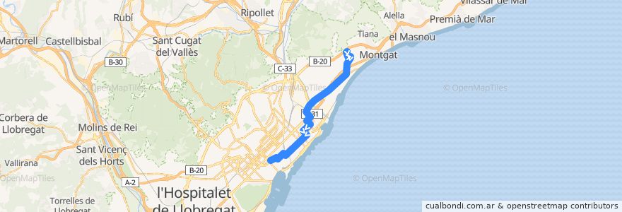 Mapa del recorrido B25 BADALONA (POMAR) BARCELONA (RDA. SANT PERE) de la línea  en Barcelonès.