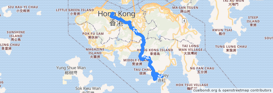 Mapa del recorrido 城巴6號線 Citybus 6 (赤柱 Stanley → 中環 Central (經馬坑及舂坎角 via Ma Hang & Chung Hom Kok)) de la línea  en 香港島 Hong Kong Island.