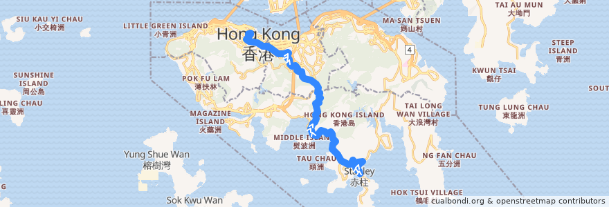 Mapa del recorrido 城巴6號線 Citybus 6 (赤柱 Stanley → 中環 Central (不經馬坑 omit Ma Hang)) de la línea  en 香港島 Hong Kong Island.