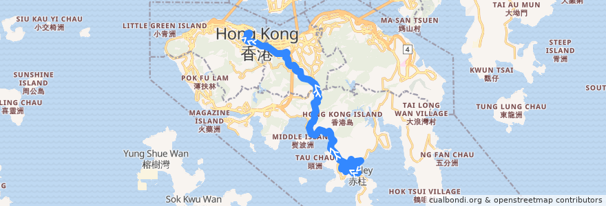 Mapa del recorrido 城巴6號線 Citybus 6 (赤柱 Stanley → 中環 Central (經馬坑 via Ma Hang)) de la línea  en 香港島 Hong Kong Island.