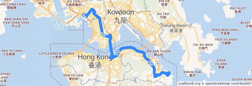 Mapa del recorrido 過海隧巴118線 Cross-harbour Bus 118 (長沙灣（深旺道） Cheung Sha Wan (Sham Mong Road) → 小西灣（藍灣半島） Siu Sai Wan (Island Resort)) de la línea  en 香港 Hong Kong.