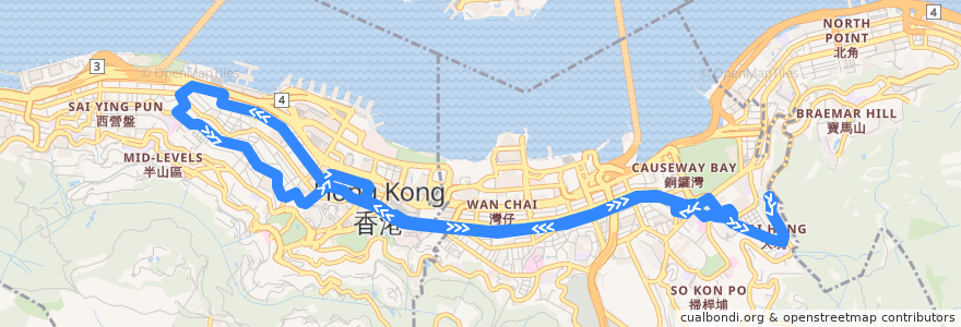 Mapa del recorrido 新巴 NWFB 26 (勵德邨 Lai Tak Tsuen ↺ 荷李活道 Hollywood Road) de la línea  en Hong Kong Island.