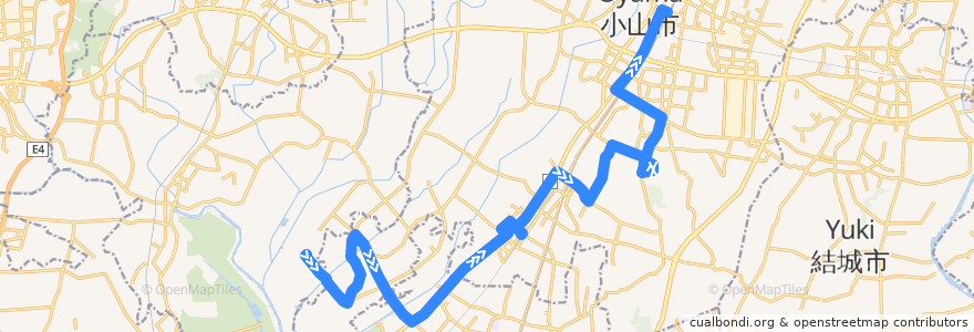 Mapa del recorrido 広域公営バス渡良瀬ライン 部屋南部桜づつみ公園⇒間々田駅西口・新市民病院⇒小山駅西口 de la línea  en 小山市.