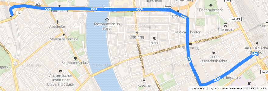Mapa del recorrido Tram 21: Badischer Bahnhof => Bahnhof St. Johann de la línea  en Basilea.