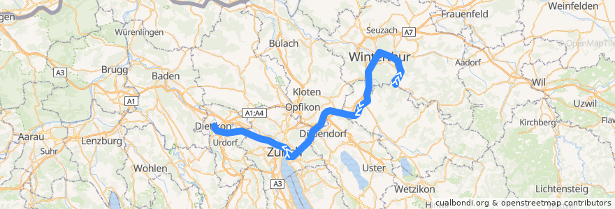 Mapa del recorrido S11: Sennhof-Kyburg –> Dietikon de la línea  en Schweiz/Suisse/Svizzera/Svizra.