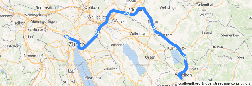 Mapa del recorrido S3: Zürich Hardbrücke –> Wetzikon ZH de la línea  en Zürich.