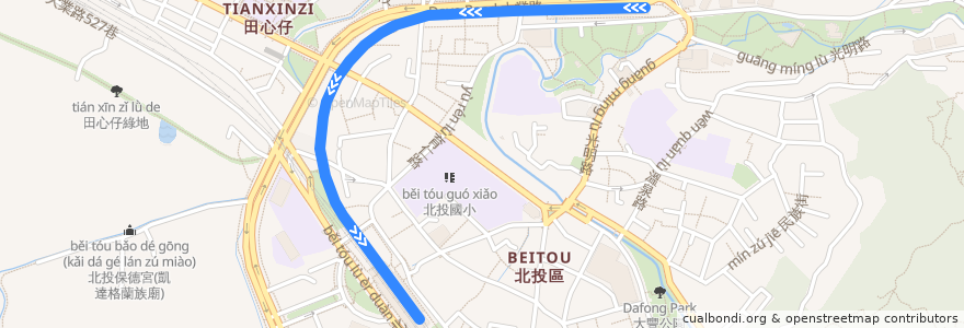 Mapa del recorrido 捷運紅線 (新北投支線) MRT red line (Xinbeitou Branch Line) de la línea  en 北投區.