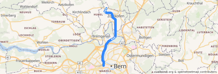 Mapa del recorrido Bus 34: Zollikofen, Hirzenfeld => Bern, Bahnhof de la línea  en Bern-Mittelland administrative district.