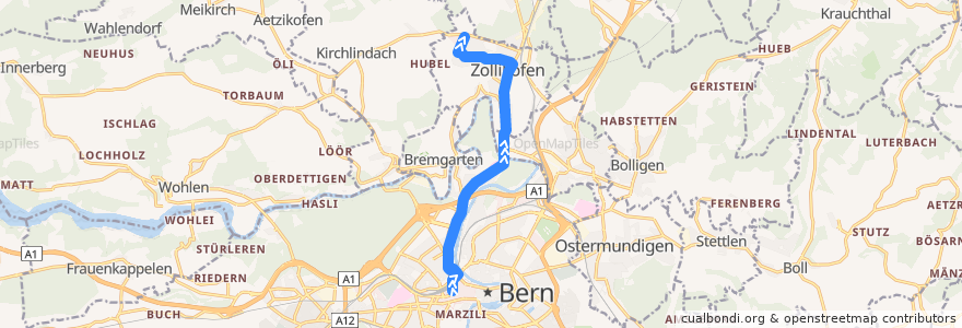 Mapa del recorrido Bus 34: Bern, Bahnhof => Zollikofen, Hirzenfeld de la línea  en Bern-Mittelland administrative district.