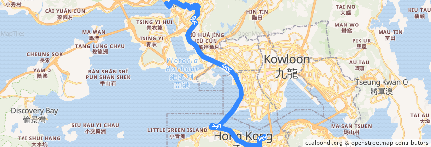 Mapa del recorrido 過海隧巴930線 Cross-harbour Bus 930 (灣仔北 Wan Chai North → 荃灣西站 Tsuen Wan West Station) de la línea  en 香港 Hong Kong.