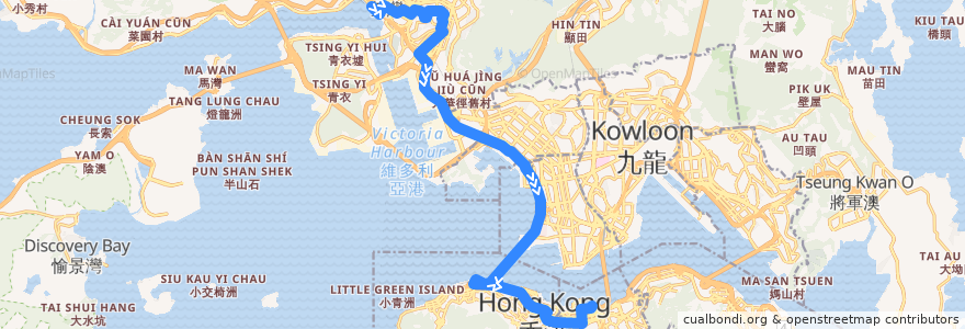 Mapa del recorrido 過海隧巴930線 Cross-harbour Bus 930 (荃灣西站 Tsuen Wan West Station → 灣仔北 Wan Chai North) de la línea  en 香港 Hong Kong.