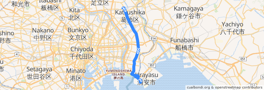 Mapa del recorrido シャトル☆セブン (亀有駅 -> 東京ディズニーシー バス・ターミナル) de la línea  en 日本.