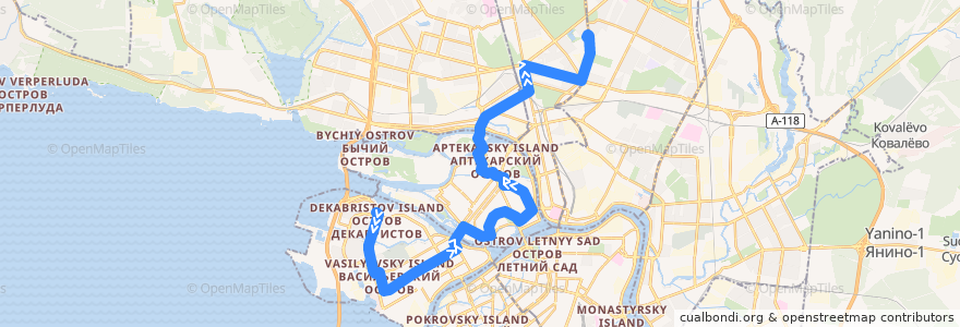 Mapa del recorrido Трамвай № 40: Детская улица => Тихорецкий проспект de la línea  en سانت بطرسبرغ.