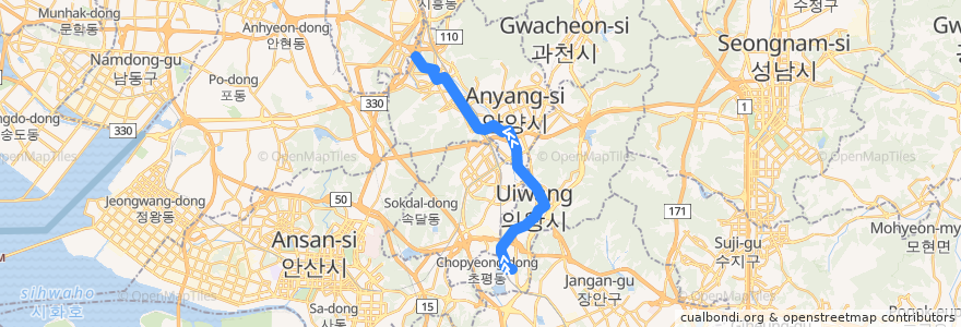 Mapa del recorrido 안양 버스 1-2 → 석수동버스공영차고지 de la línea  en Gyeonggi-do.