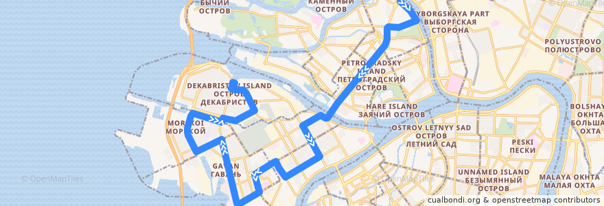 Mapa del recorrido Автобус № 128: Аптекарская набережная => улица Кораблестроителей de la línea  en Санкт-Петербург.