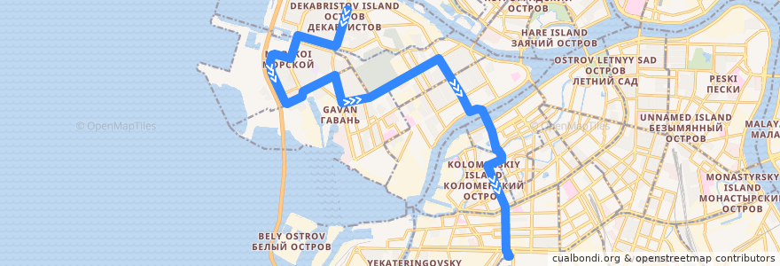 Mapa del recorrido Автобус № 100: улица Кораблестроителей (Наличная улица) => Балтийский вокзал de la línea  en Санкт-Петербург.
