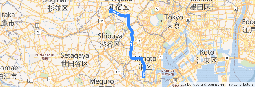 Mapa del recorrido 東京都交通局;はとバス 品97 品川駅高輪口 - 魚籃坂下;青山一丁目駅;新宿追分 - 新宿駅西口 de la línea  en Tokio.