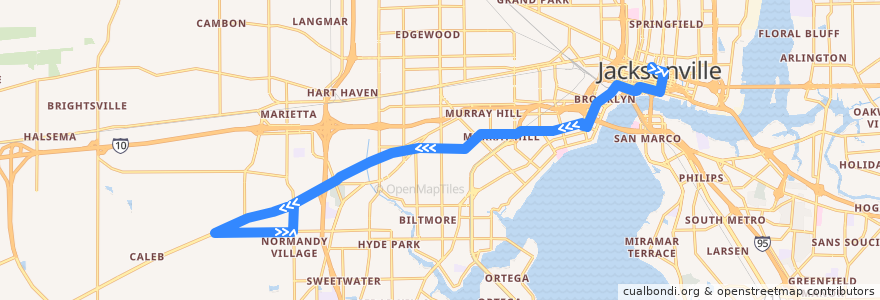 Mapa del recorrido JTA 15 Post/Normandy (westbound) de la línea  en Jacksonville.