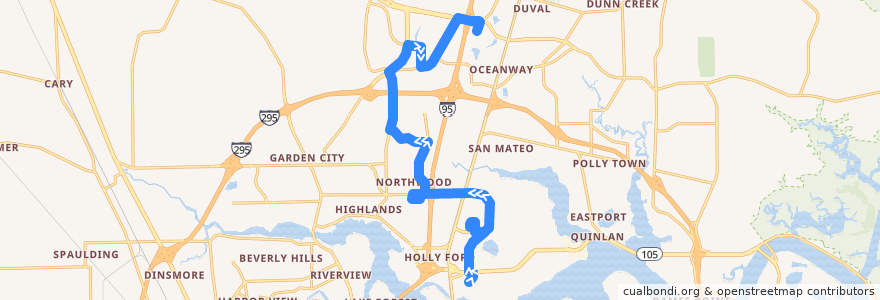 Mapa del recorrido JTA 85 Highlands/Busch Drive (northbound) de la línea  en 杰克逊维尔/傑克遜維爾.