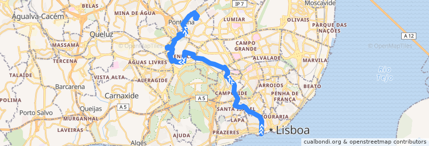 Mapa del recorrido Bus 202: Cais do Sodré → Bairro Padre Cruz de la línea  en Лиссабон.
