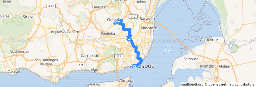 Mapa del recorrido Bus 206: Cais do Sodré → Odivelas de la línea  en Lisboa.