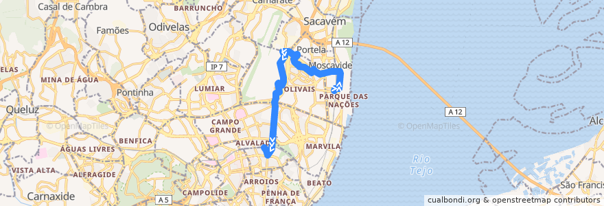 Mapa del recorrido Bus 705: Estação do Oriente (Interface) → Estação de Roma-Areeiro de la línea  en Lisboa.