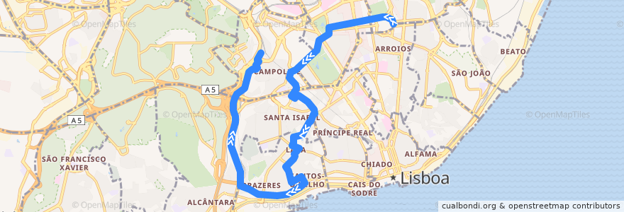 Mapa del recorrido Bus 713: Alameda Dom Afonso Henriques → Estação de Campolide de la línea  en Lisboa.