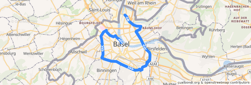 Mapa del recorrido Bus 36: Schifflände => Lange Erlen => Kleinhüningen de la línea  en 巴塞尔.
