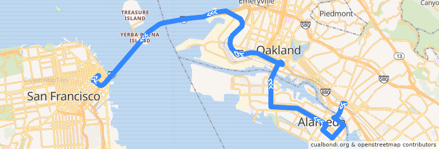 Mapa del recorrido AC Transit O: Fruitvale BART => Salesforce Transit Center de la línea  en カリフォルニア州.